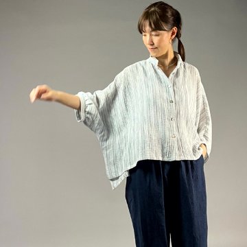 【備後絣】前開きムササビブラウス　文人絣　楊柳　白の画像