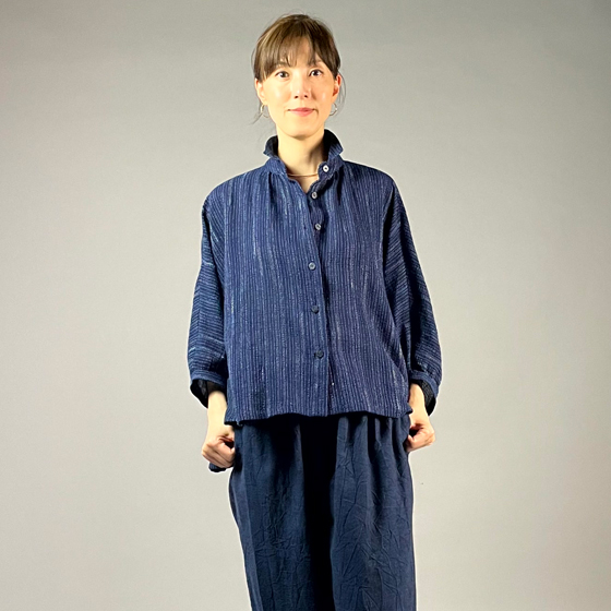【備後絣】前開きムササビブラウス　文人絣　紺の画像