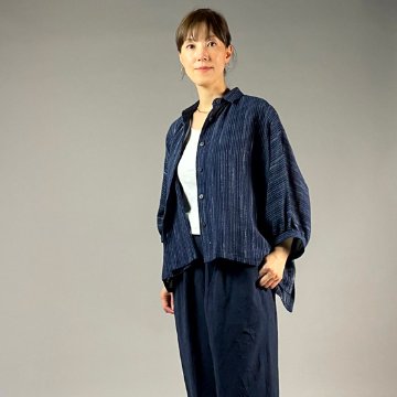 【備後絣】前開きムササビブラウス　文人絣　紺の画像