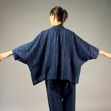 【備後絣】前開きムササビブラウス　文人絣　紺の画像