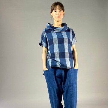 【遠州木綿】藍染め　フレンチオフタートルブラウス　格子の画像