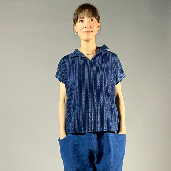 【遠州木綿】藍染め　スキッパーフレンチ袖　刺し子風の画像