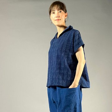 【遠州木綿】藍染め　スキッパーフレンチ袖　刺し子風の画像