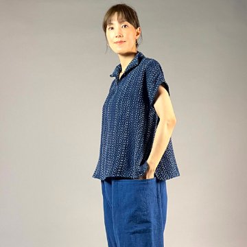 【遠州木綿】藍染め　スキッパー　フレンチ袖　刺し子風　ソフト地の画像