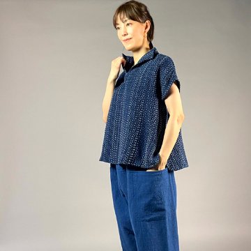 【遠州木綿】藍染め　スキッパー　フレンチ袖　刺し子風　ソフト地の画像