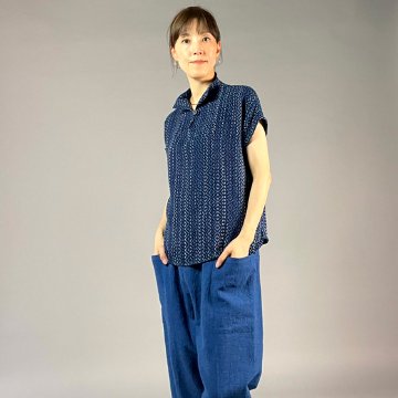 【遠州木綿】藍染め　スキッパー　フレンチ袖　刺し子風　ソフト地の画像