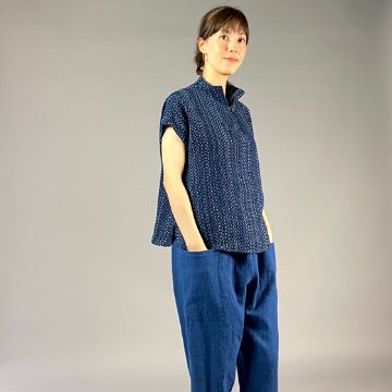 【遠州木綿】藍染め　スキッパー　フレンチ袖　刺し子風　ソフト地の画像