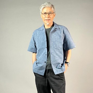 【遠州綿紬】メンズアロハシャツ　みぞれー青紺の画像