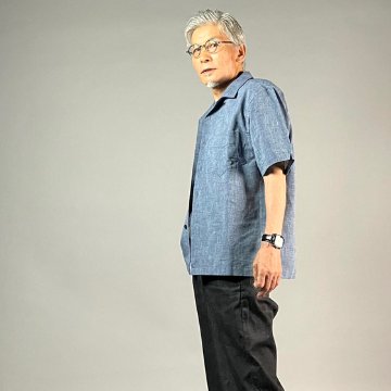 【遠州綿紬】メンズアロハシャツ　みぞれー青紺の画像
