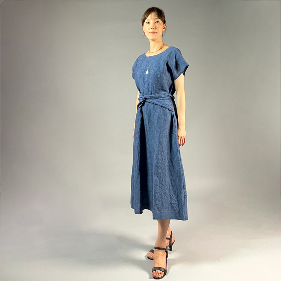 【遠州織物】麻100％　リボンベルト付きワンピース の画像