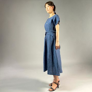 【遠州織物】麻100％　リボンベルト付きワンピース の画像