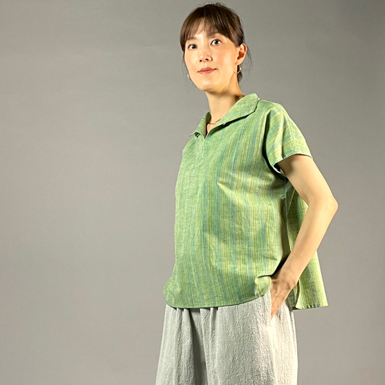【遠州綿紬】フレンチ袖スキッパー　踏青の画像