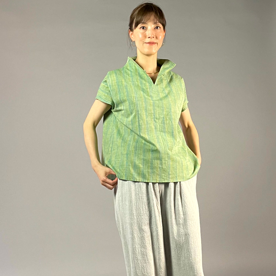 【遠州綿紬】フレンチ袖スキッパー　踏青の画像