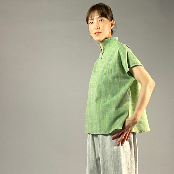 【遠州綿紬】フレンチ袖スキッパー　踏青の画像