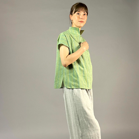 【遠州綿紬】フレンチ袖スキッパー　踏青の画像