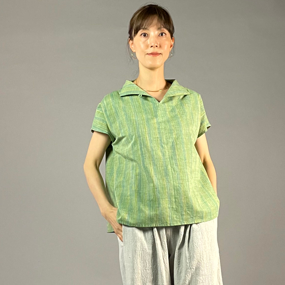 【遠州綿紬】フレンチ袖スキッパー　踏青の画像