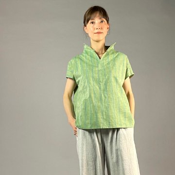 【遠州綿紬】フレンチ袖スキッパー　踏青の画像