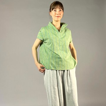 【遠州綿紬】フレンチ袖スキッパー　踏青の画像