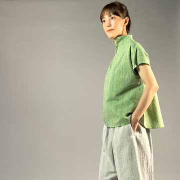 【遠州綿紬】フレンチ袖スキッパー　踏青の画像