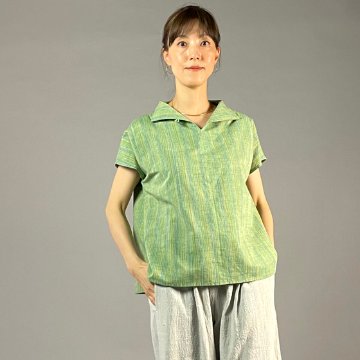【遠州綿紬】フレンチ袖スキッパー　踏青の画像