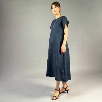 【近江ちぢみ】麻100％　フレンチ袖ワンピース　鉄紺の画像