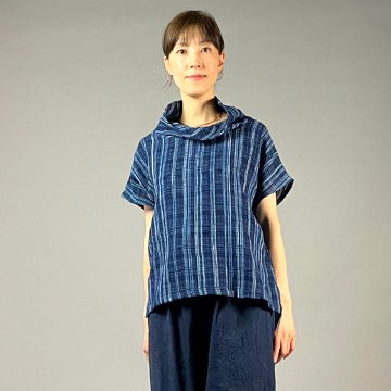 【遠州木綿】藍染め　フレンチオフタートルブラウス　ソフト格子の画像