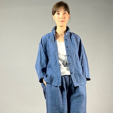 【遠州織物】麻100％　前開きムササビブラウス　青の画像
