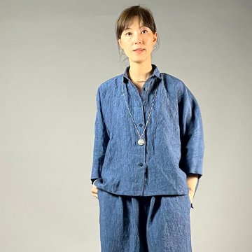 【遠州織物】麻100％　前開きムササビブラウス　青の画像