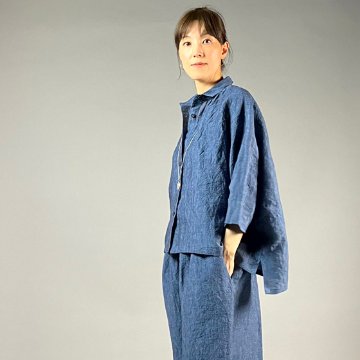 【遠州織物】麻100％　前開きムササビブラウス　青の画像