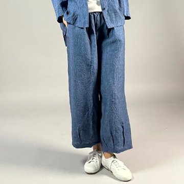 【遠州織物】麻100％　ワイドタックパンツ　後洗い　青の画像