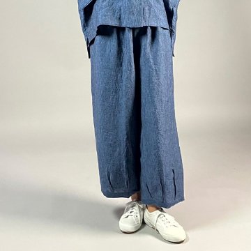 【遠州織物】麻100％　ワイドタックパンツ　後洗い　青の画像