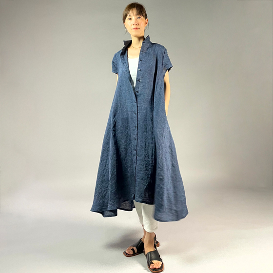 【遠州織物】麻100％　シャツ衿フレアワンピース　フレンチスリーブの画像