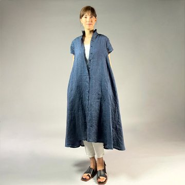 【遠州織物】麻100％　シャツ衿フレアワンピース　フレンチスリーブの画像
