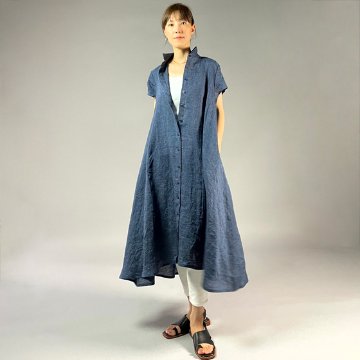 【遠州織物】麻100％　シャツ衿フレアワンピース　フレンチスリーブの画像
