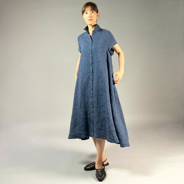 【遠州織物】麻100％　シャツ衿フレアワンピース　フレンチスリーブの画像