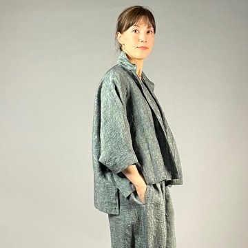 【遠州織物】麻100％　前開きムササビブラウス　緑縞の画像