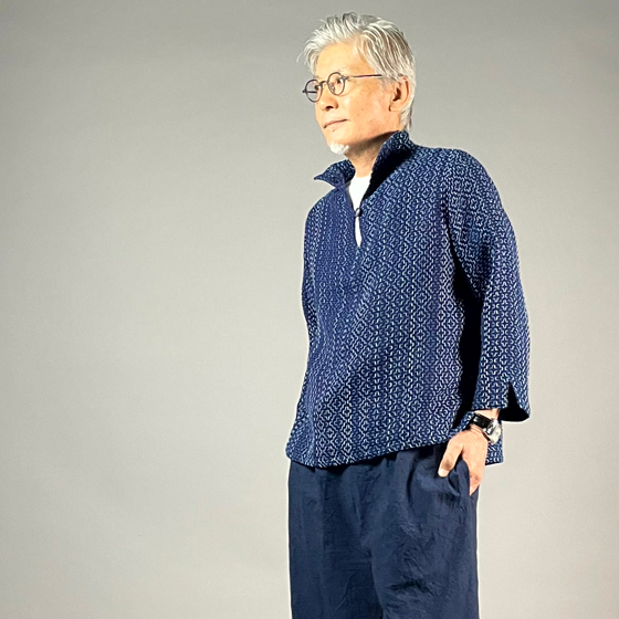 【遠州木綿】藍染め　刺し子織り　スキッパー　男女兼用　の画像