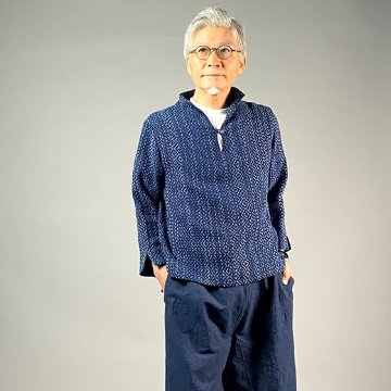 【遠州木綿】藍染め　刺し子織り　スキッパー　男女兼用　の画像