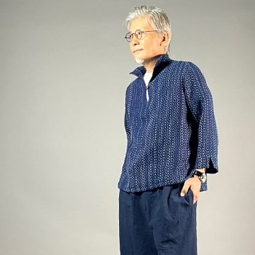 【遠州木綿】藍染め　刺し子織り　スキッパー　男女兼用　の画像
