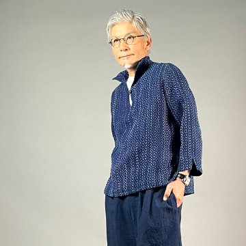 【遠州木綿】藍染め　刺し子織り　スキッパー　男女兼用　の画像