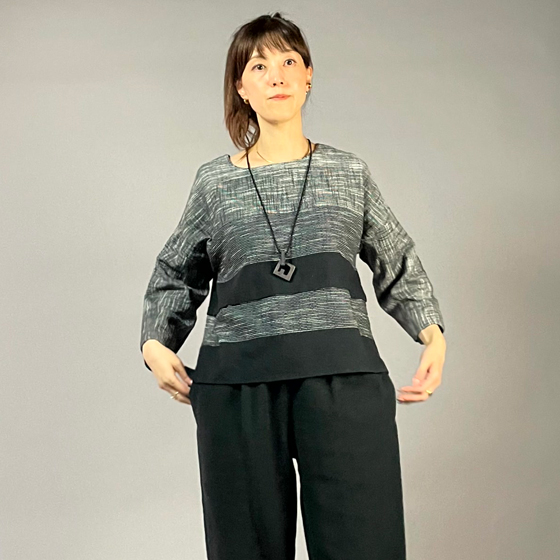 【遠州綿紬】七分袖ノーカラープルオーバー　みやま4列の画像