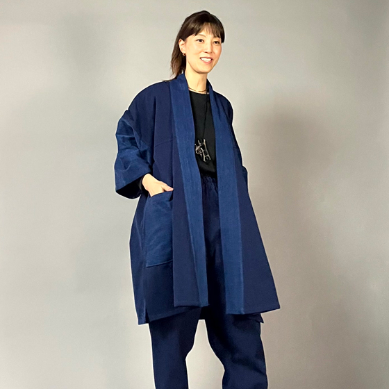 【遠州木綿】藍染め　袢纏（はんてん）コート　刺し織りの画像