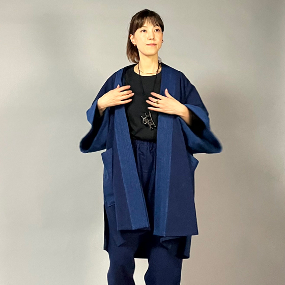 【遠州木綿】藍染め　袢纏（はんてん）コート　刺し織りの画像