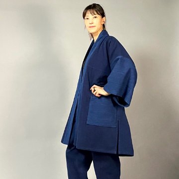 【遠州木綿】藍染め　袢纏（はんてん）コート　刺し織りの画像