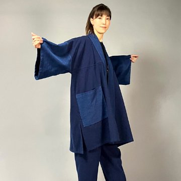 【遠州木綿】藍染め　袢纏（はんてん）コート　刺し織りの画像