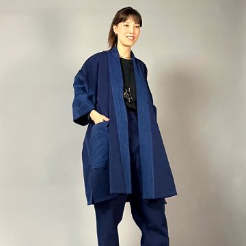 【遠州木綿】藍染め　袢纏（はんてん）コート　刺し織りの画像