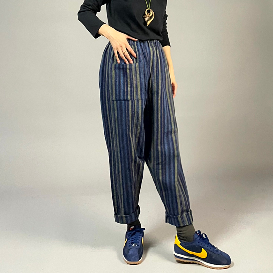 【備後絣】もんぺパンツ　ざくろ×柿渋×藍縞の画像
