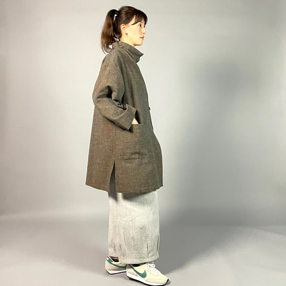 【遠州綿紬】フリースタイル　ロングジャケット　あらし　無地　茶の画像