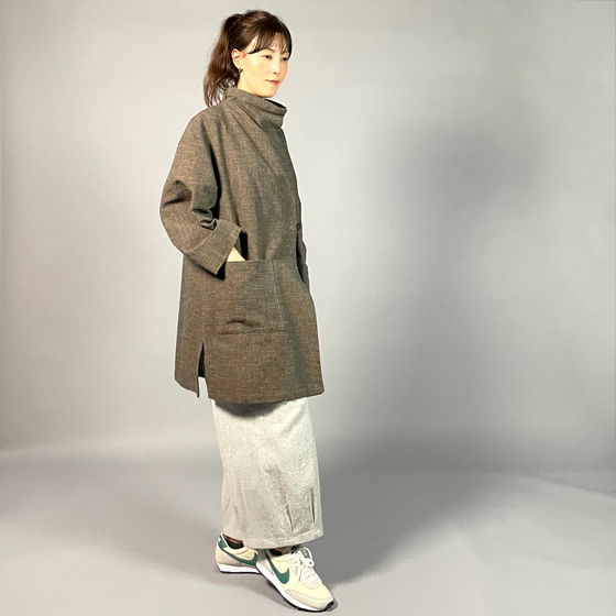 【遠州綿紬】フリースタイル　ロングジャケット　あらし　無地　茶の画像