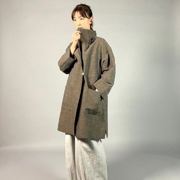 【遠州綿紬】フリースタイル　ロングジャケット　あらし　無地　茶の画像